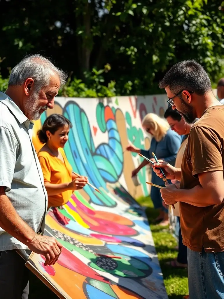 A photograph capturing children and adults collaboratively creating a large-scale mural using recycled materials at a SOTOBIS event, showcasing community engagement and artistic expression.