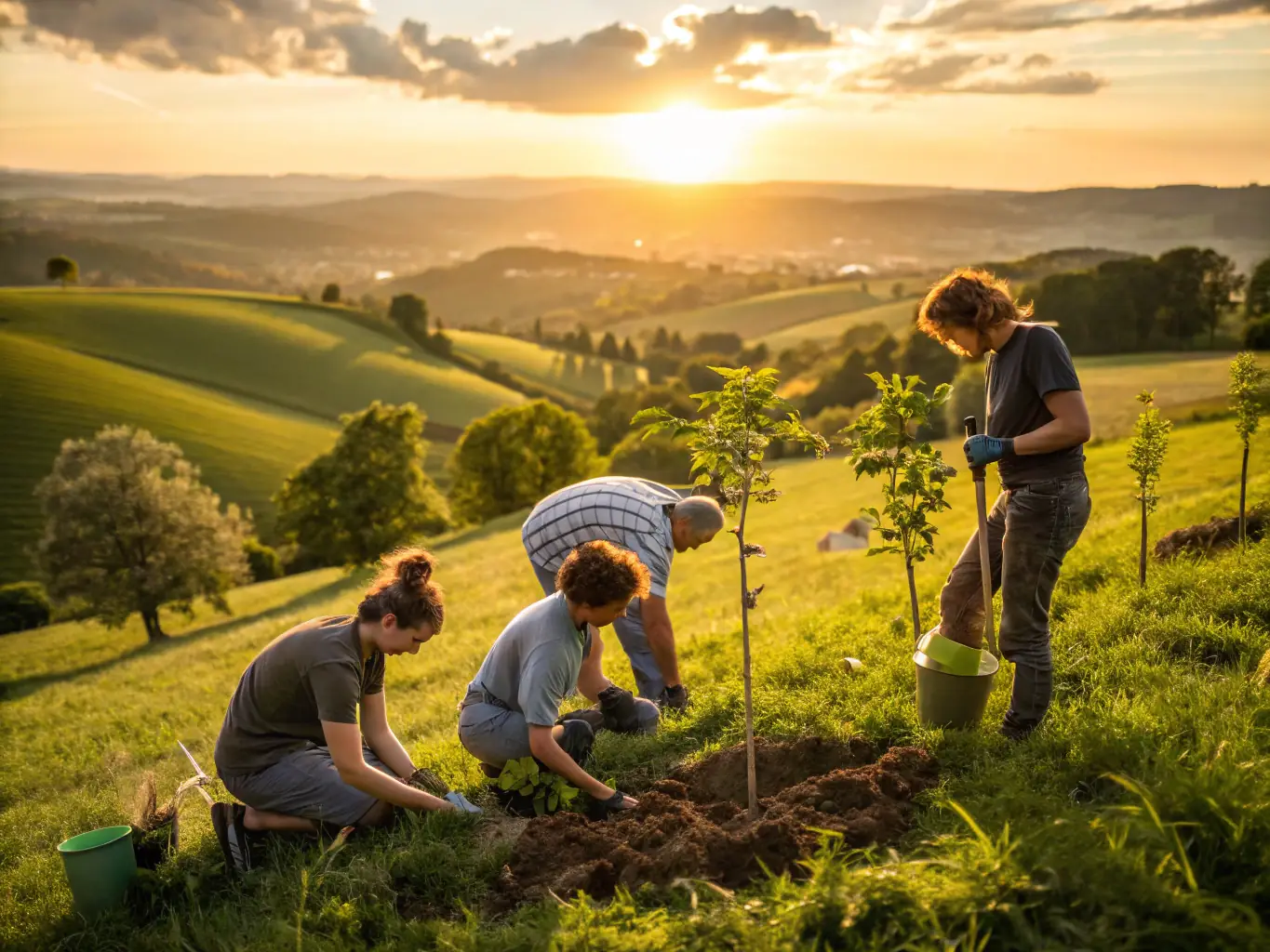 A vibrant photograph capturing volunteers planting trees in a deforested area, symbolizing SOTOBIS's commitment to reforestation and environmental restoration.