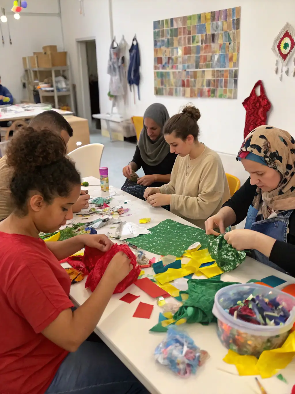 A photo of a SOTOBIS-sponsored workshop where attendees are learning to create art from recycled materials, emphasizing the organization's focus on sustainability and creative reuse.
