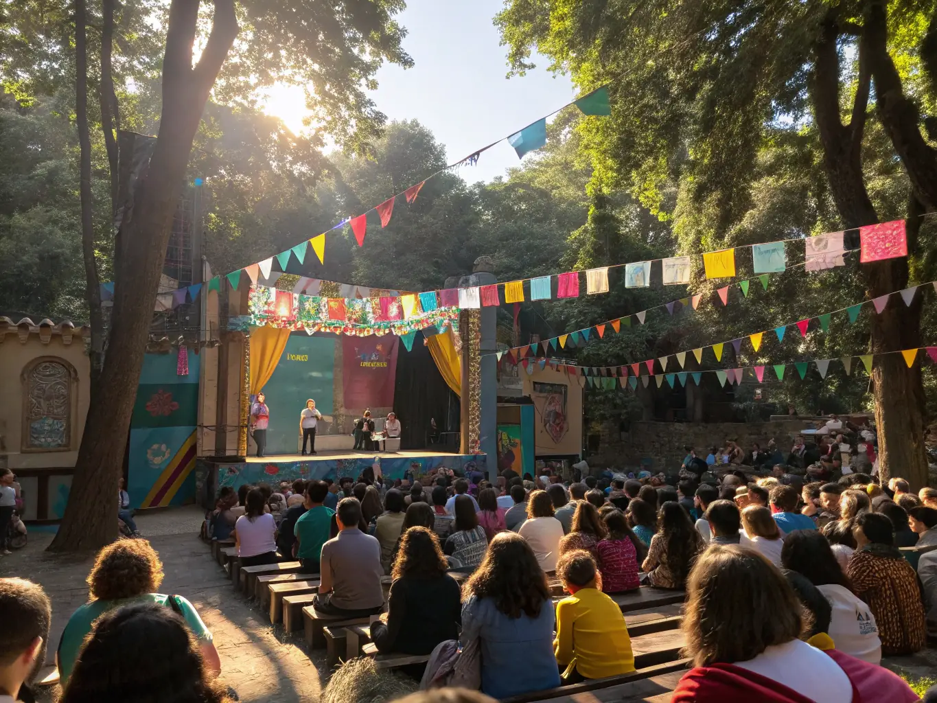 A dynamic photo of a SOTOBIS cultural event featuring local artists and musicians performing in an outdoor setting, attracting a diverse audience and promoting community engagement and cultural exchange.