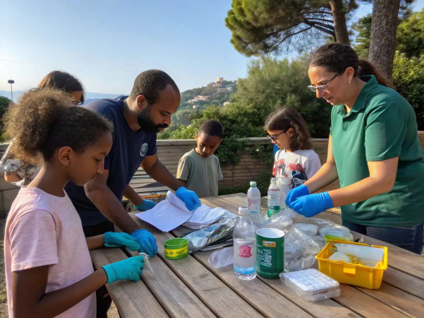 A dynamic image of SOTOBIS members participating in an art installation project with a local youth organization, using recycled materials to create environmental art.