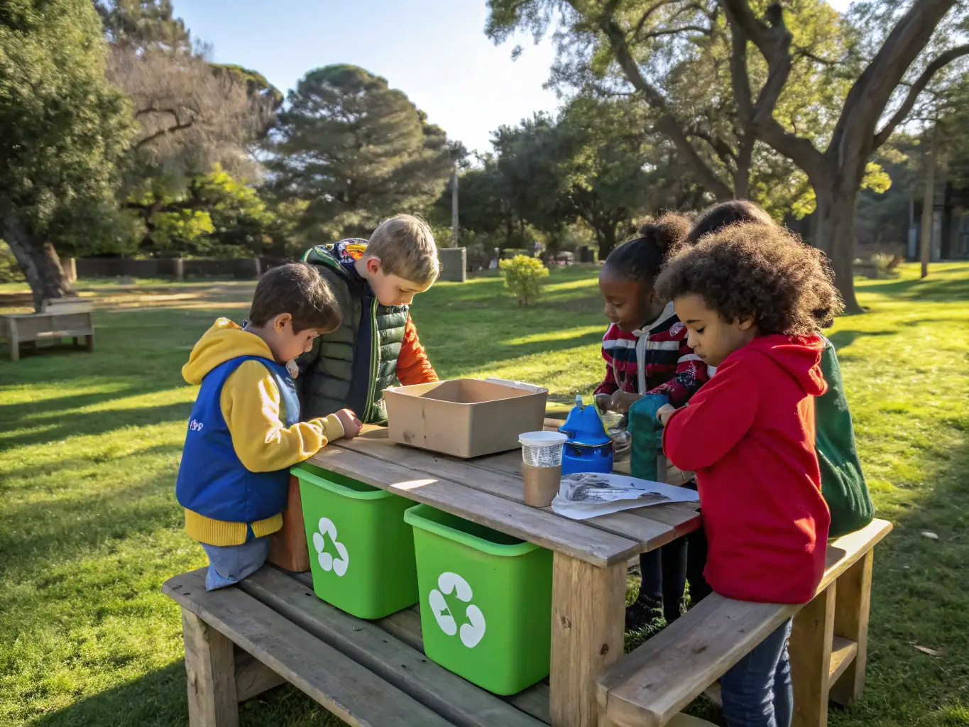 A heartwarming image of children participating in a SOTOBIS-organized environmental art workshop, where they are creating artwork from recycled materials, demonstrating creativity and environmental awareness.