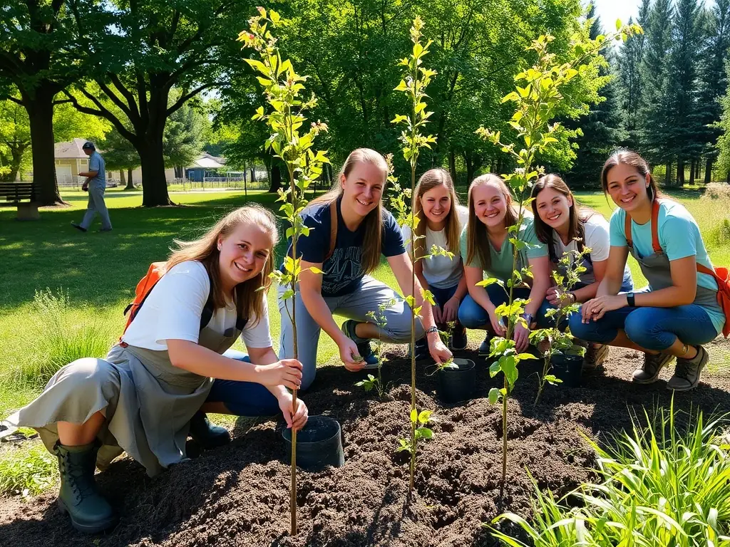 A photograph capturing volunteers from SOTOBIS and a local environmental group planting trees in a community park, showcasing collaborative efforts.