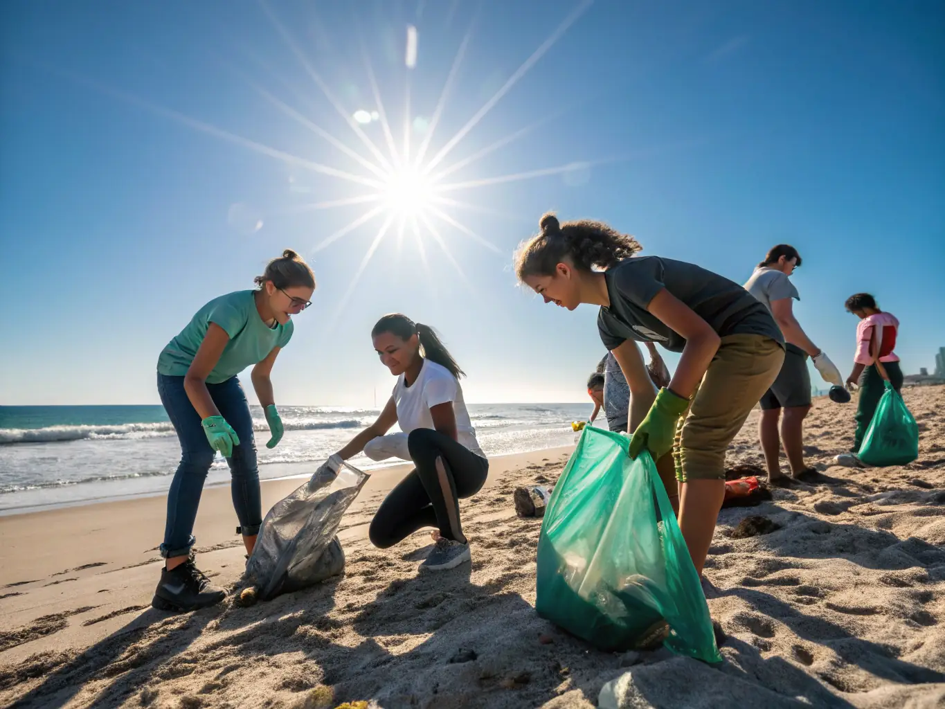 A vibrant photograph capturing a SOTOBIS community event, where participants are actively involved in an environmental cleanup activity along the coastline, showcasing teamwork and dedication to preserving the natural beauty of Saint-Alban.