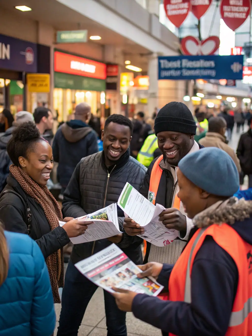 A dynamic shot of a SOTOBIS-organized environmental awareness campaign, featuring volunteers distributing educational materials and engaging with the public about ecological issues.