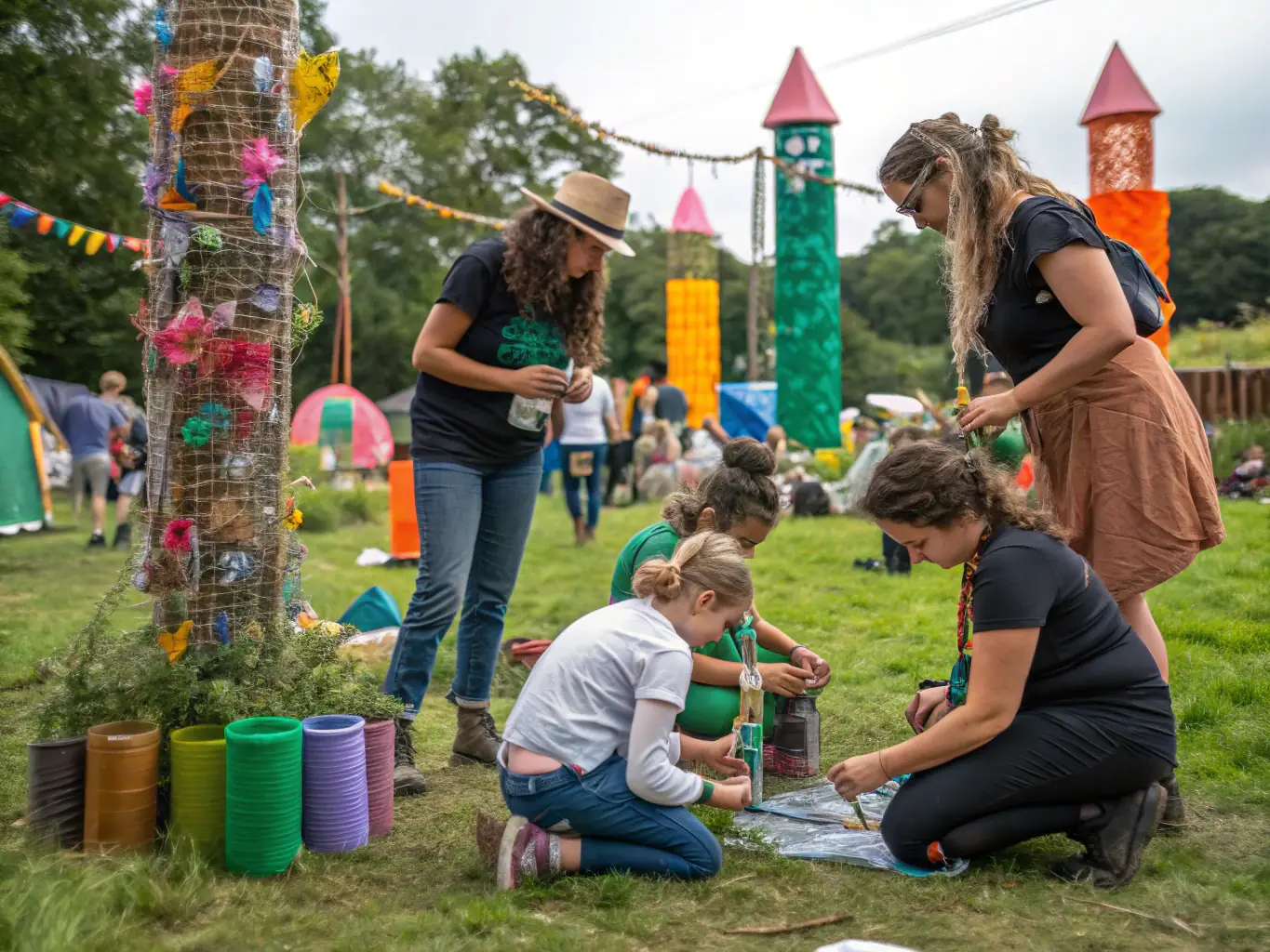 A visually appealing photo of an environmental art workshop where participants are creating art from recycled materials, highlighting SOTOBIS's innovative approach to environmental education.